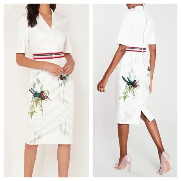 TED BAKER LONDON Tutti Frutti Short-Sleeve Belted Sheath Dress Molilo Bird 12 - Picture 1 of 11